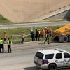 A road worker had his leg broken when he was backed over by a construction vehicle Tuesday morning on the Houston Harte Expressway.