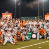 The Texas Longhorns baseball team celebrates after its 6-5 win over Oregon to advance to the 2026 College Baseball World Series.