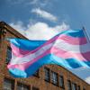 A trans flag is waved during San Antonio's third annual celebration of Transgender Day of Visibility on March 29, 2025. 