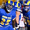 Angelo State's Jayden Jones (25) and Peyton Arthur (55) celebrate during a win over Sul Ross State on Saturday, Oct. 10, 2026.