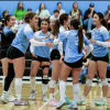 The TLCA volleyball team celebrates a point during the 2026 season.