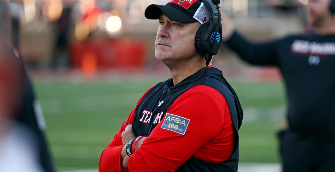 Texas Tech coach Joey McGuire watches during the first half of the team's NCAA college football game against Murray State, Saturday, Sept. 3, 2022, in Lubbock, Texas. (AP Photo/Brad Tollefson)