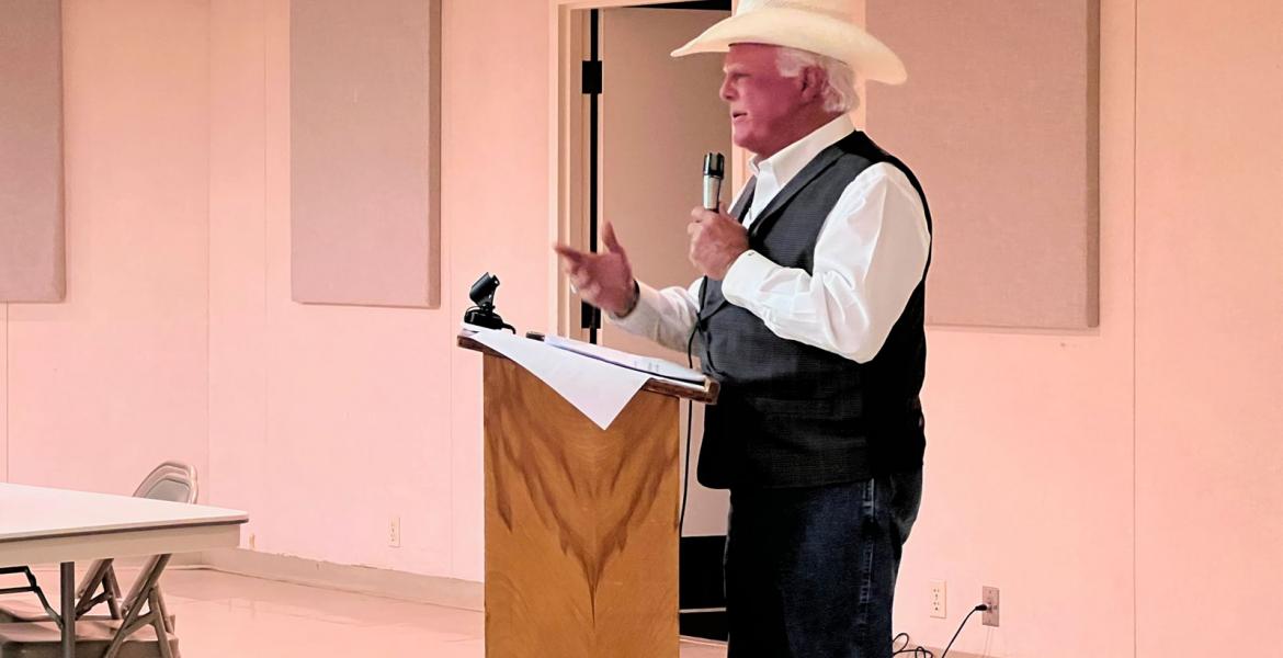 Texas Ag Commissioner Sid Miller speaks at the annual Texas Farm Bureau barbecue in Wall on August 8, 2023.