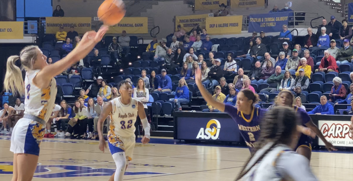 Angelo State's Maddie Stephens sinks a 3 against Western New Mexico.