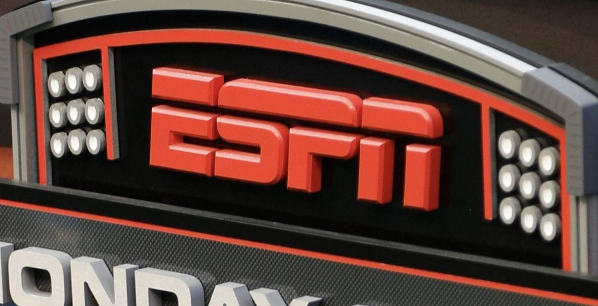 FILE - The ESPN logo is seen prior to an NFL football game between the Bengals and the Steelers in Cincinnati