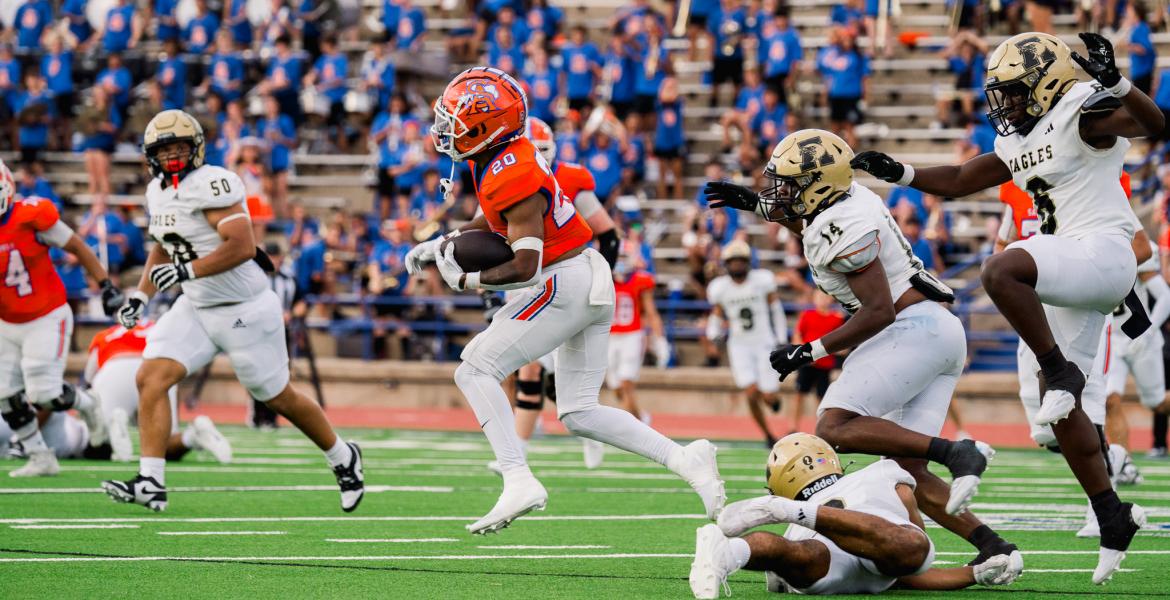 Central's Elijah Allen fights for yardage against Abilene High on Friday, Aug. 30, 2024, at San Angelo Stadium.