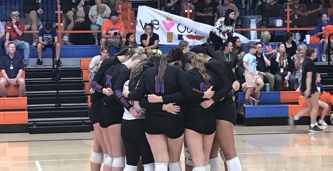 The Central High School volleyball team huddles before its match against Clyde on Tuesday, Sept. 17, 2024, at Central's Babe Didrikson Gym.