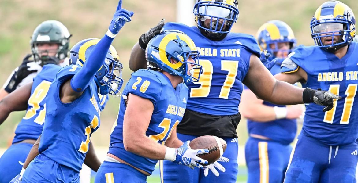 The Angelo State University defense celebrates a turnover against Eastern New Mexico on Saturday, Sept. 14, 2024.