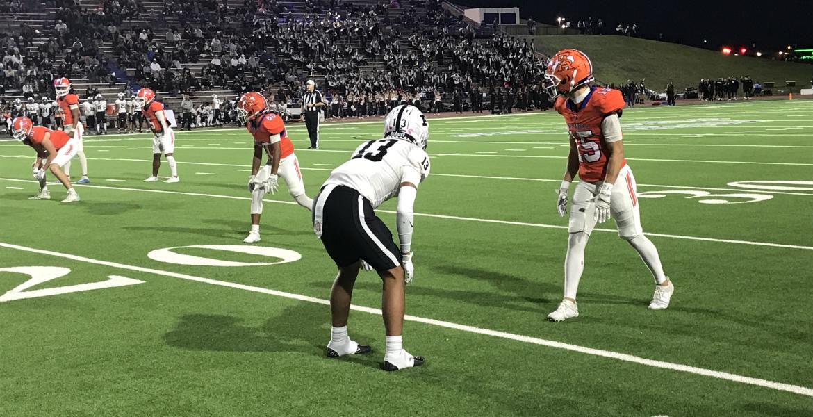 San Angelo Central wide receiver Gavin Johnson waits for the snap with Odessa Permian cornerback Nata Cardozo preparing for covering Friday, Oct. 18, 2024, at San Angelo Stadium.