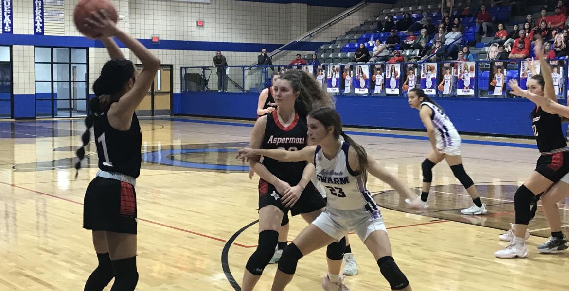 Irion County's Berkley Callaway plays defense in the Lady Hornets' 60-30 win over Aspermont on Monday, Feb. 17, 2025, in the regional semifinals.