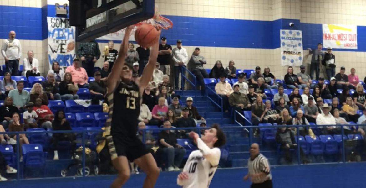Jayton's Sean Stanaland, who had 26 points, dunks the ball in a 68-44 win over Irion County in the regional semifinals Tuesday, Feb. 25, 2025.