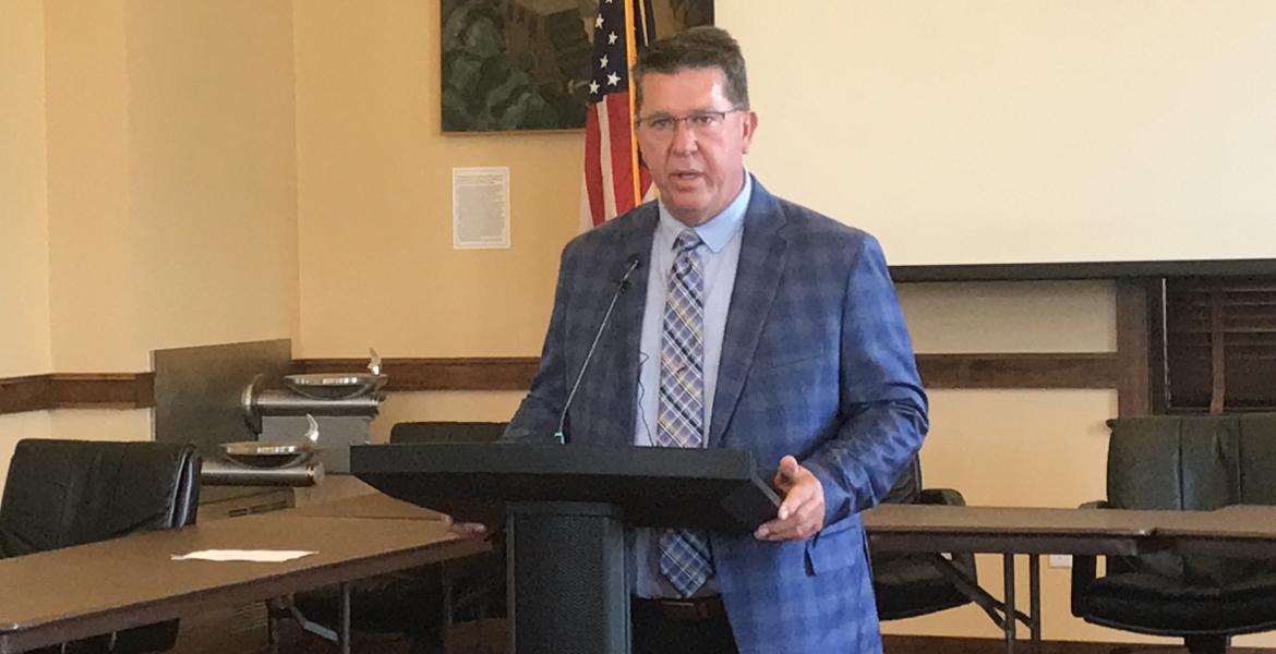 San Angelo Mayor Tom Thompson speaks at a press conference regarding flood recovery efforts on Friday, July 11, 2025.
