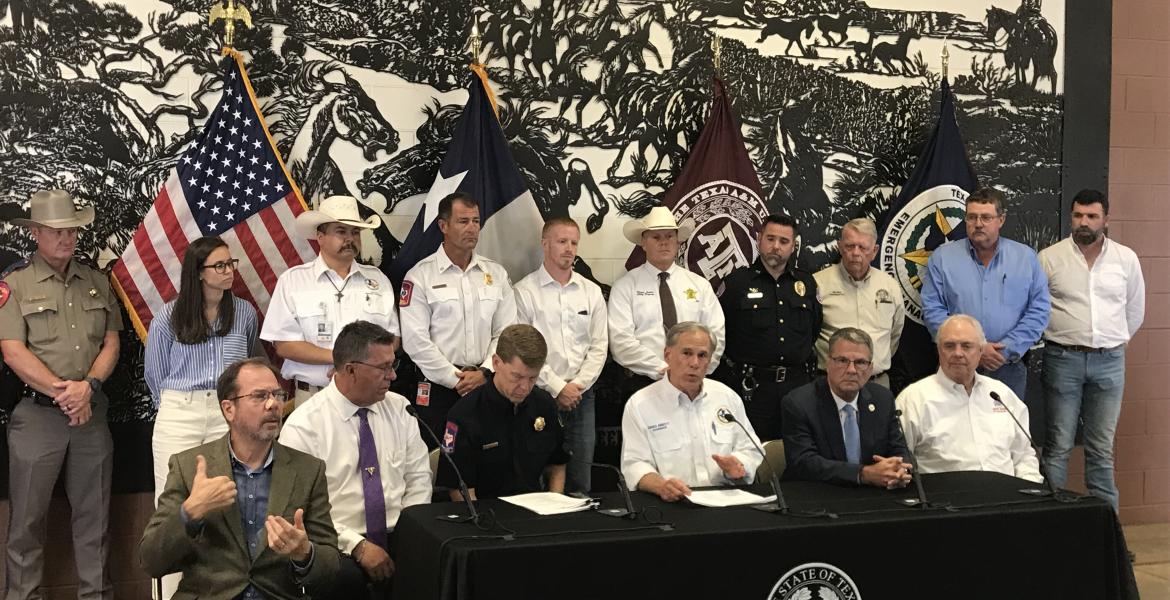 Greg Abbott speaks during a press conference in San Angelo regarding flood relief efforts in Tom Green County on Thursday, July 17, 2025.