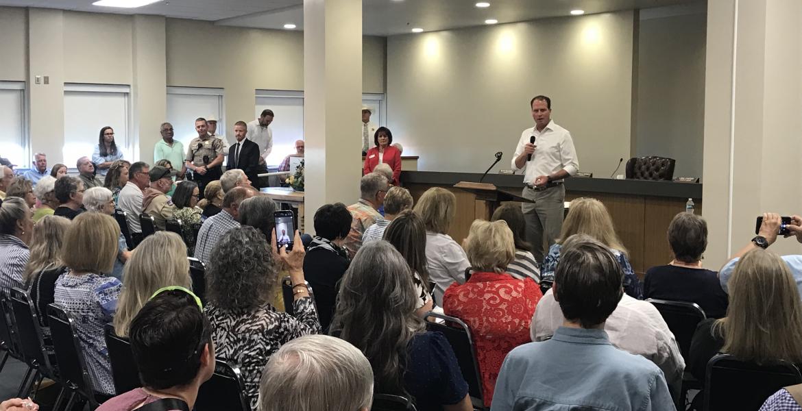 A vocal crowd showed up to greet Rep. August Pfluger during a town hall meeting Monday in San Angelo. A vocal crowd showed up to greet Rep. August Pfluger during a town hall meeting Monday in San Angelo.
