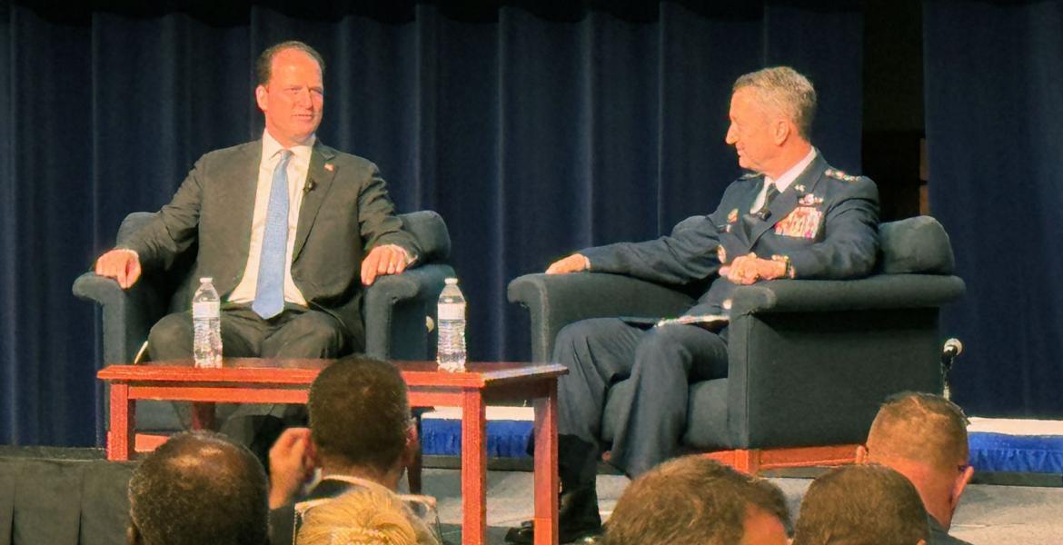 Congressman August Pfluger (left) interviews Chairman of the Joint Chiefs of Staff General Dan &quot;Razin&quot; Caine at the 2025 West Texas Legislative Summit. 