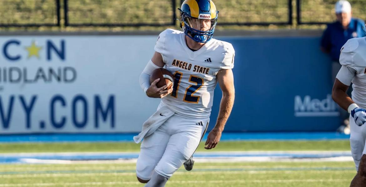 Angelo State quarterback Braeden Fuller runs for yardage against Fort Hays State on Thursday, Aug. 28, 2025.