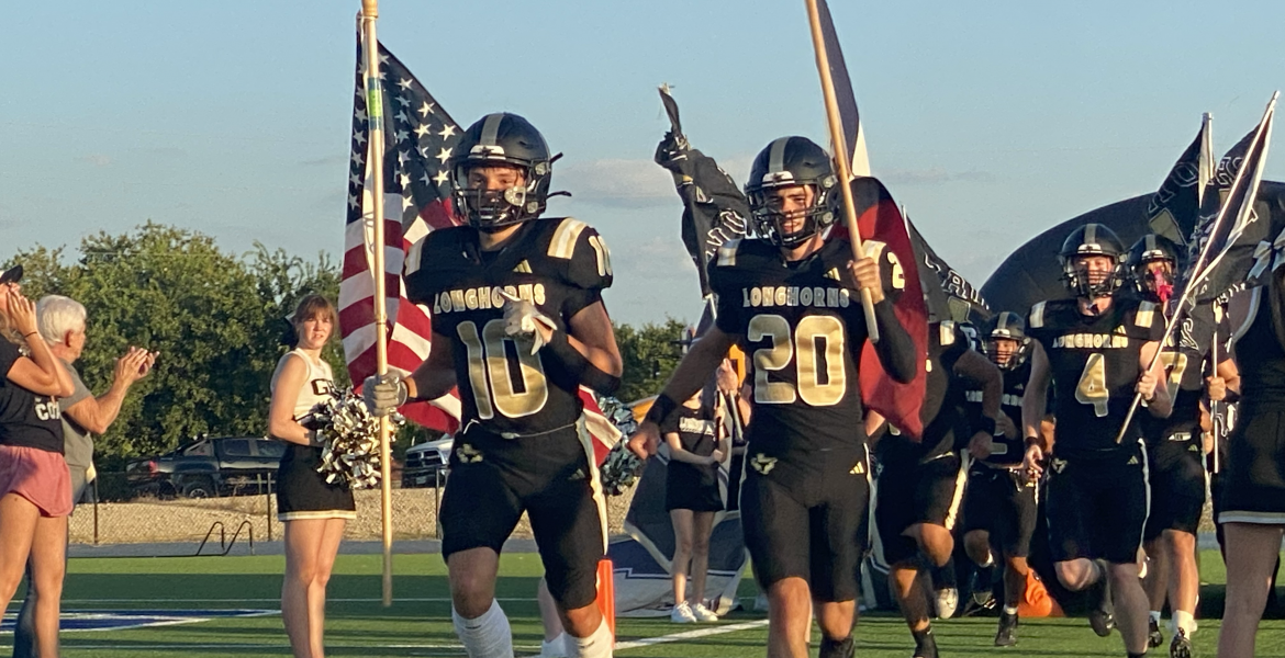 The Gordon Longhorns run onto the field before their football game against the Richland Springs Coyotes on Thursday, Aug. 28, 2025, in Priddy.