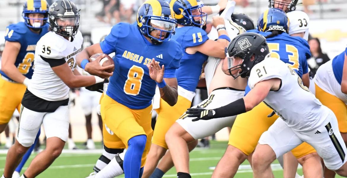 Angelo State's Kaeden Smith runs for yardage against Emporia State on Saturday, Sept. 6, 2025.