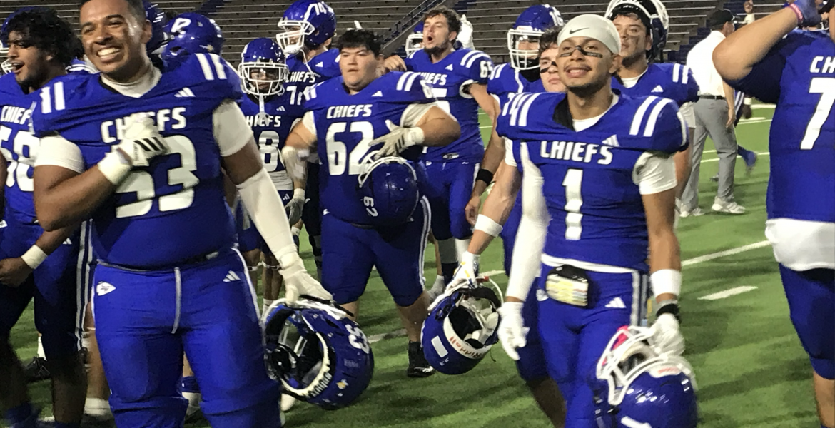 The Lake View Chiefs celebrate their 50-49 win over Lubbock High on Friday, Sept. 19, 2025, at San Angelo Stadium.