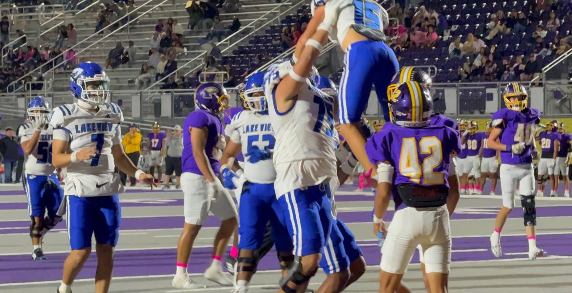 The Lake View Chiefs celebrate a touchdown at Pecos on Thursday, Oct. 23, 2025.
