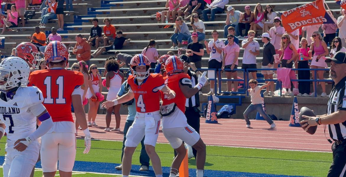 Central quarterback Micah Smith (4) celebrates with wide receiver Gabriel Garcia (1) after a touchdown pass against Midland High on Saturday, Oct. 25, 2025. Central quarterback Micah Smith (4) celebrates with wide receiver Gabriel Garcia (1) after a touchdown pass against Midland High on Saturday, Oct. 25, 2025.