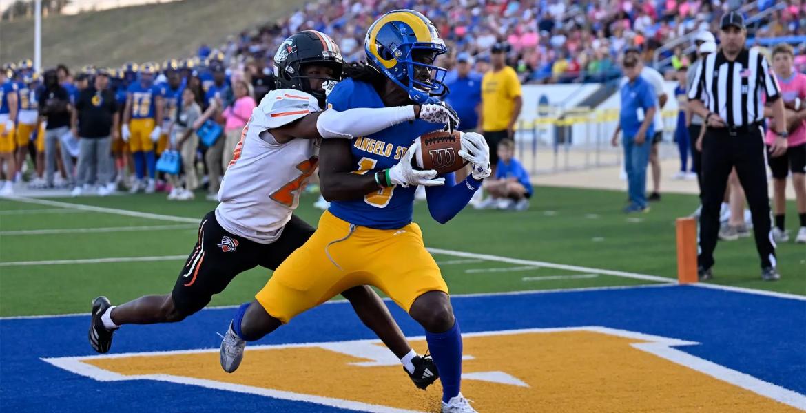 Angelo State wide receiver Corey Sandolph hauls in a touchdown pass from Braeden Fuller against UT Permian Basin on Saturday, Oct. 4, 2025.