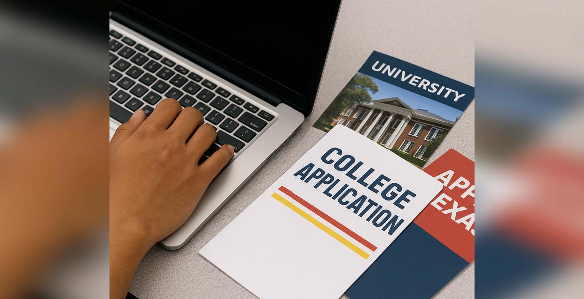A close-up of a student’s hands typing on a laptop with college brochures nearby. 