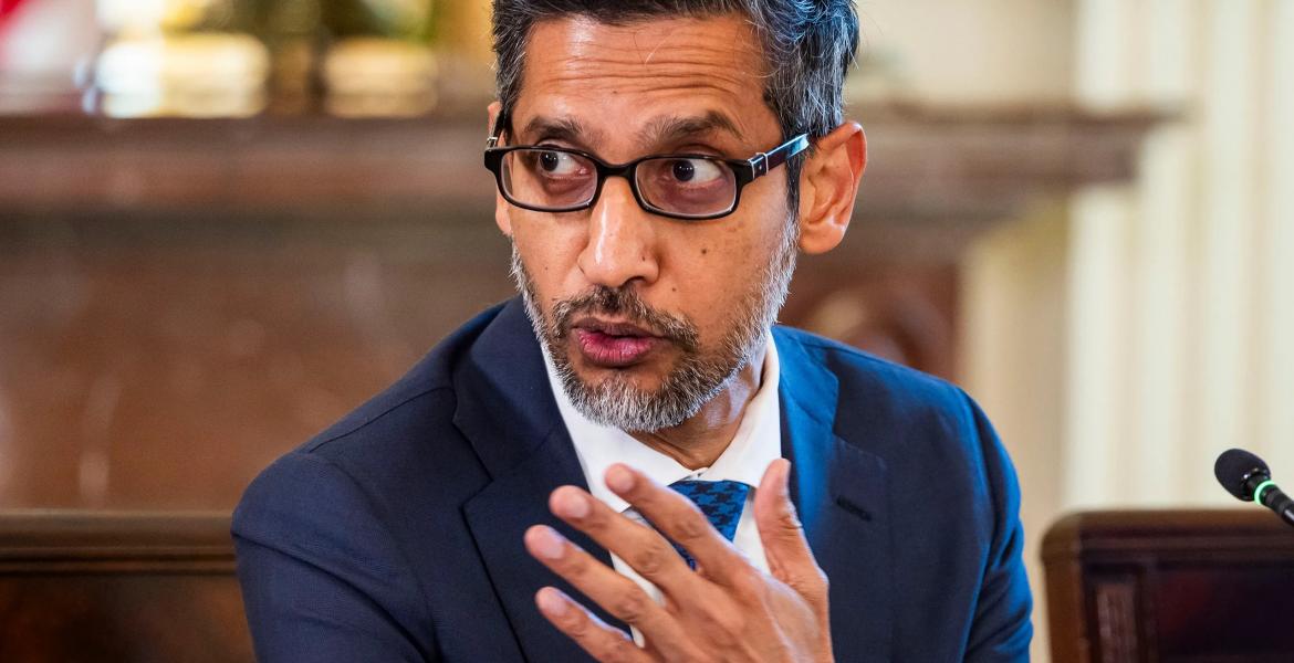 Google CEO Sundar Pichai attends a White House Task Force on AI Education in the East Room of the White House in Washington on Sept. 4, 2025