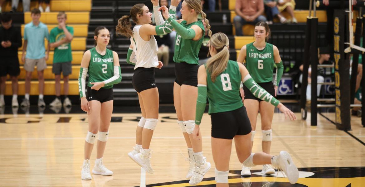 The Wall Lady Hawks celebrate a point during their regional semifinal win over Idalou on Thursday, Nov. 6, 2025.