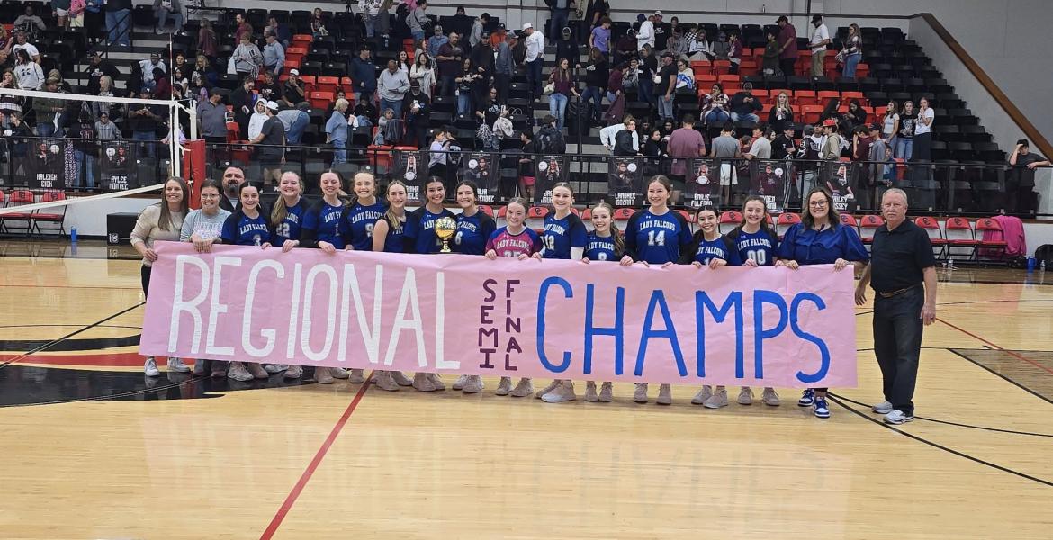 The Veribest volleyball team celebrates its four-set win over Klondike in the regional semifinals Tuesday, Nov. 11, 2025.