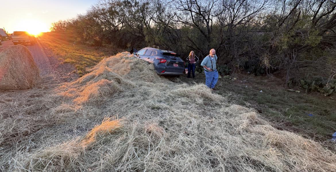 Hay bales that fell from a farmer’s truck caused a crash on US Highway 67 outside the town of Miles on Friday evening.
