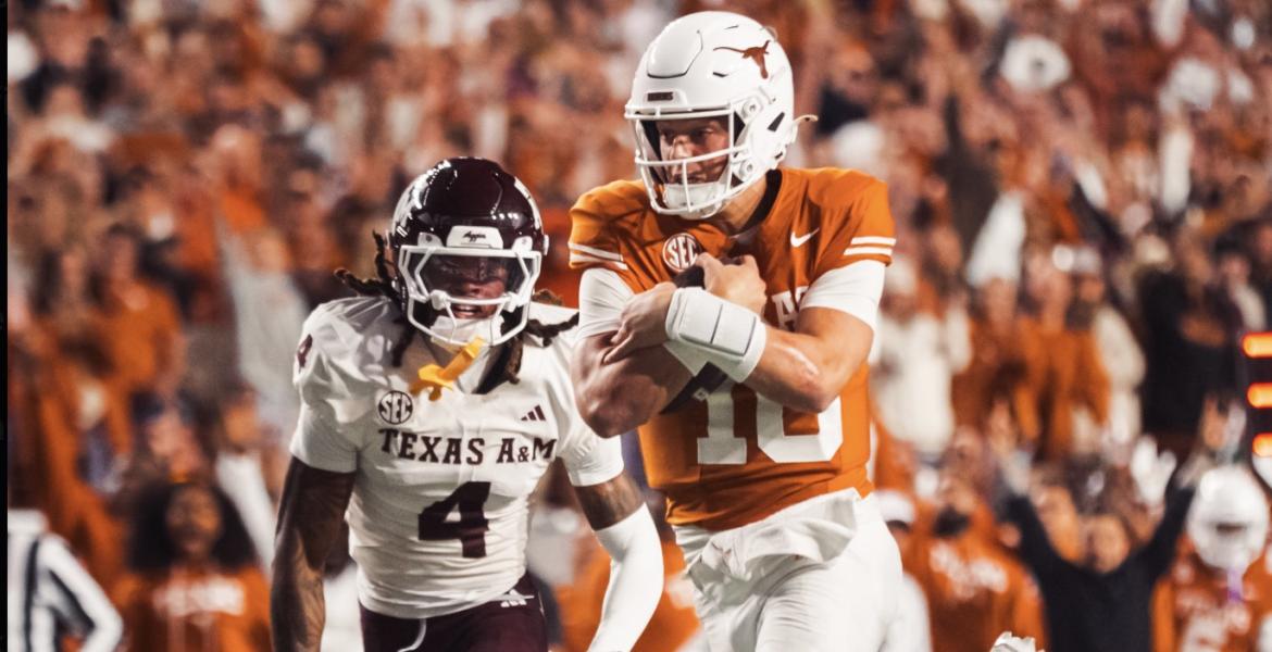 Texas Longhorns Arch Manning in action against Texas A&amp;M