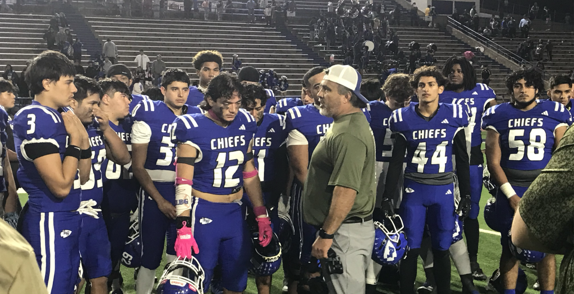 Lake View head coach Hector Guevara talks to his team after their 35-28 loss to Andrews on Friday, Nov. 7, 2025.