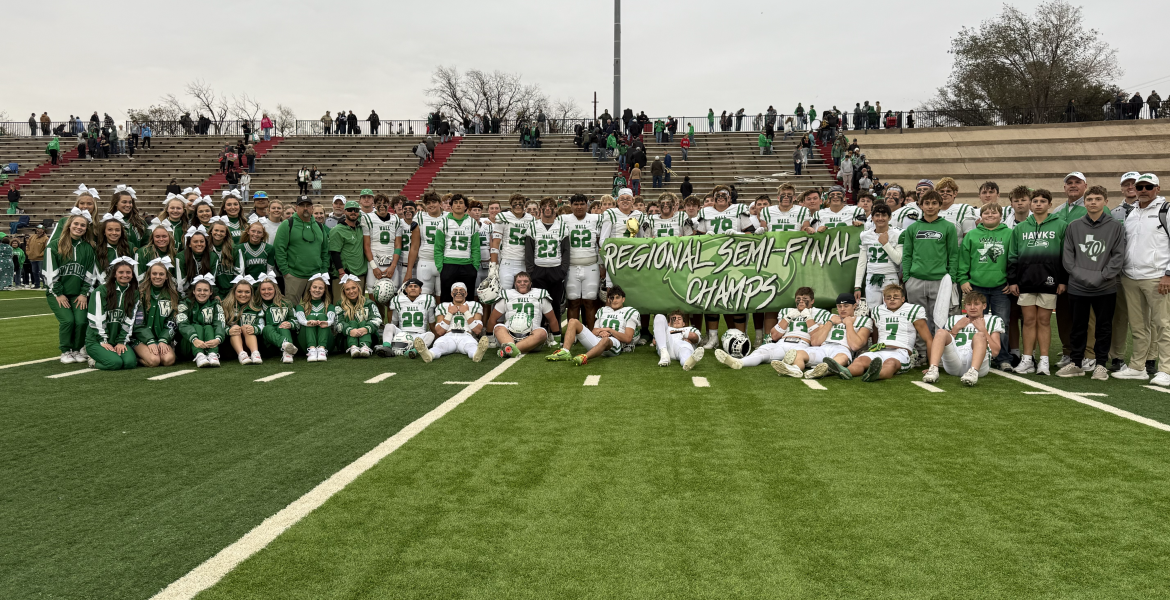 The Wall Hawks celebrate after their 56-7 win over Slaton in the regional semifinals on Friday, Nov. 28, 2025.