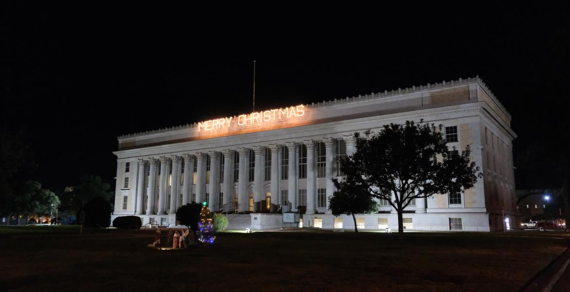 Tom Green County Court House decorated for Christmas in 2025.