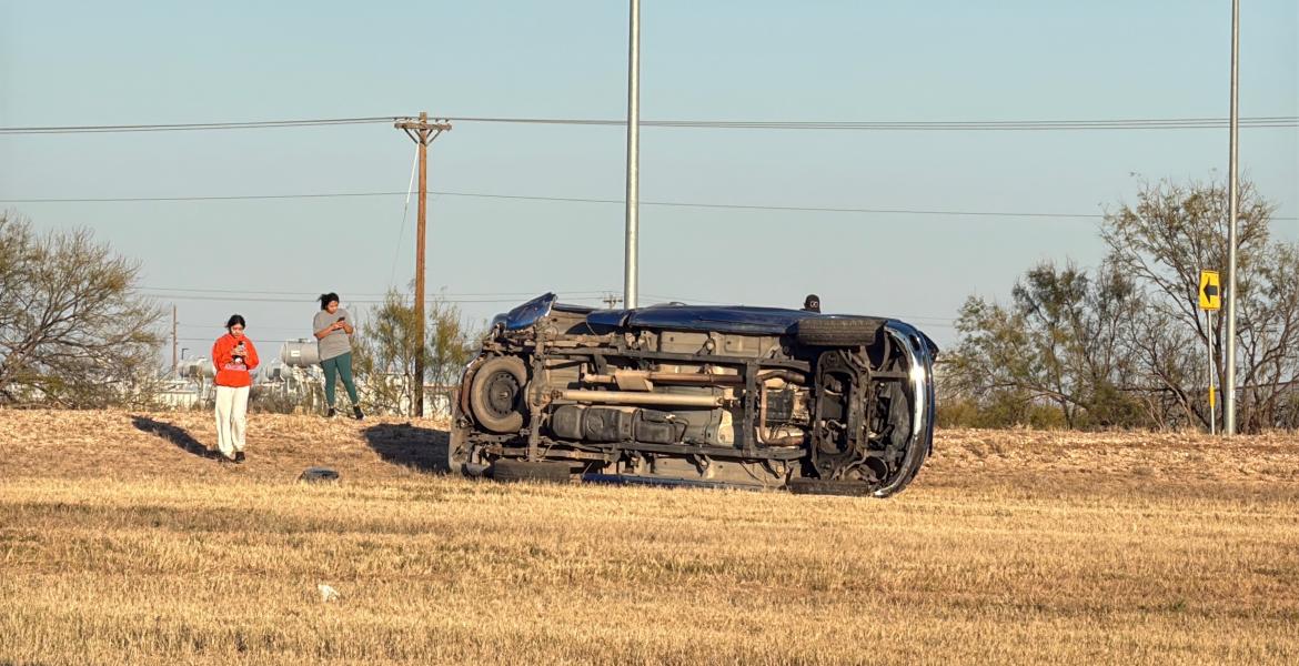 A car rolled over on its side Tuesday afternoon on the Houston Harte frontage road.