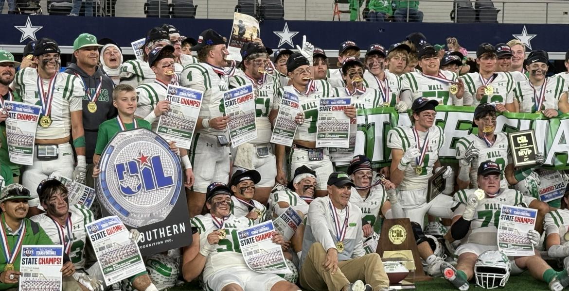 The Wall Hawks celebrate their 25-24 win over Newton in the Class 3A Division II state final on Thursday, Dec. 18, 2025, at AT&amp;T Stadium in Arlington.