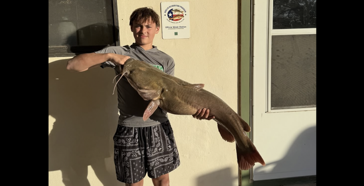A young San Angelo angler broke the junior record at Lake Nasworthy recently for flathead catfish.