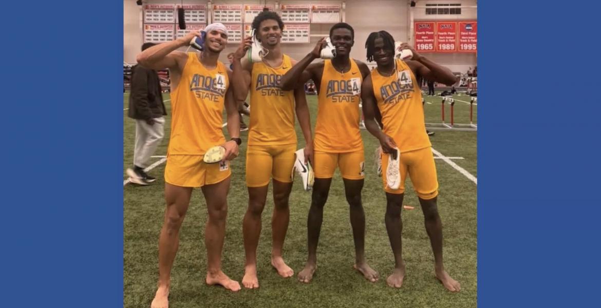 William Opare (second from right) poses with Rami Balti, Taylor Briggs, and Jahleel Armstrong after the 4x400 meter relay.
