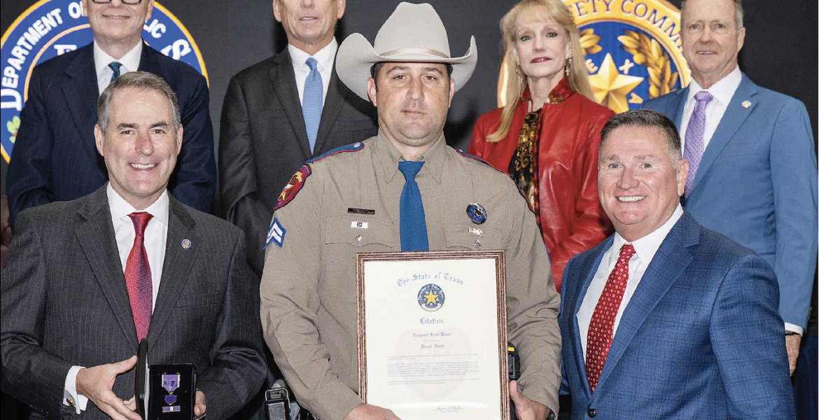 Texas Highway Patrol officer Scott Keane from Big Lake was awarded the Department of Public Safety Purple Heart recently after he was injured assisting during a crash last year.