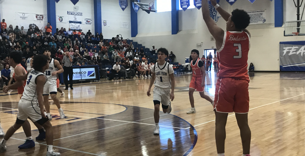 San Angelo Central's Trey Allen fires a 3-pointer in the Bobcats' win over the Lake View Chiefs in the championship game of the Doug McCutchen Tournament on Saturday, Dec. 6, 2025.