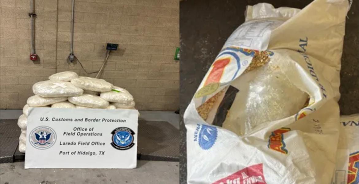 (Left) Packages containing 1,156 pounds of methamphetamine seized by CBP officers at Pharr International Bridge. (Right) A package of methamphetamine within a sack of oat flakes.