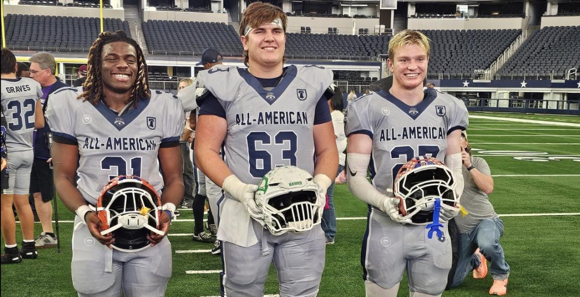 Central Bobcats' Jaekob Jackson (Left) and Mason Van Sickle (Right) with Wall Hawks' Baine Jenschke (Middle) at the Blue vs. Grey All-American Bowl in Arlington