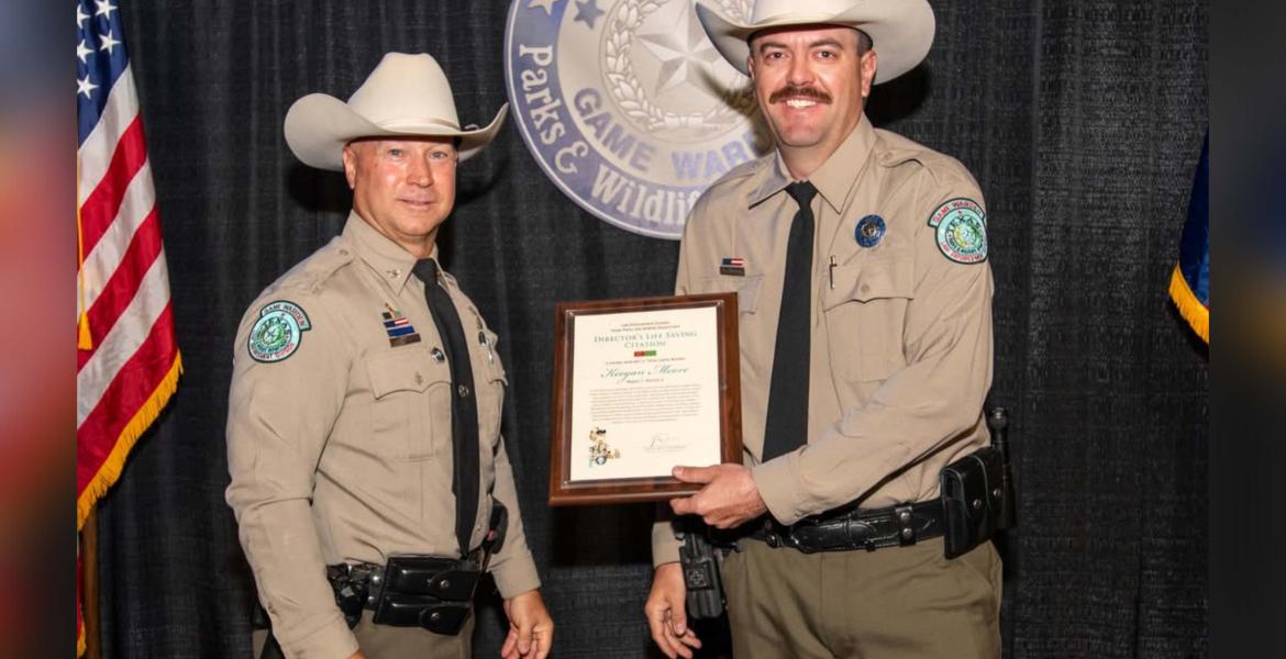 Runnels County Game Warden Keegan Moore honored with Director's Life Saving Citation for applying a tourniquet that saved a crash victim's life.