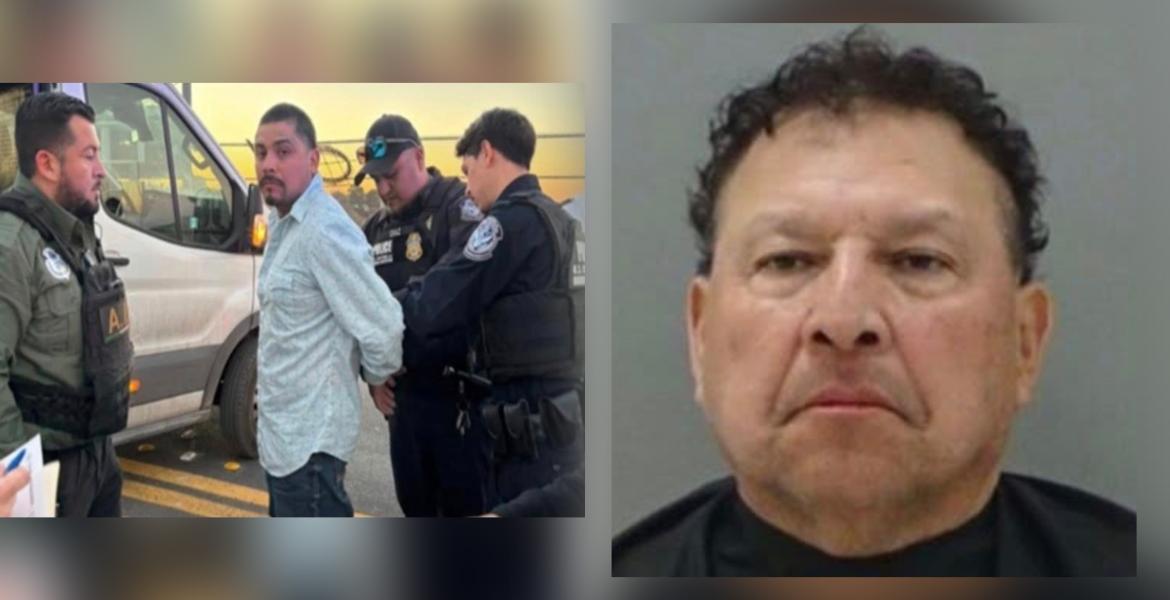 Javier Veloz (left), 36, is taken into custody at the Del Rio international bridge after fleeing to Mexico. Santiago De La Rosa (right), 58, appears in a booking photo following his arrest in San Angelo on multiple child sexual assault charges. (Photos courtesy Reagan County Sheriff’s Office)