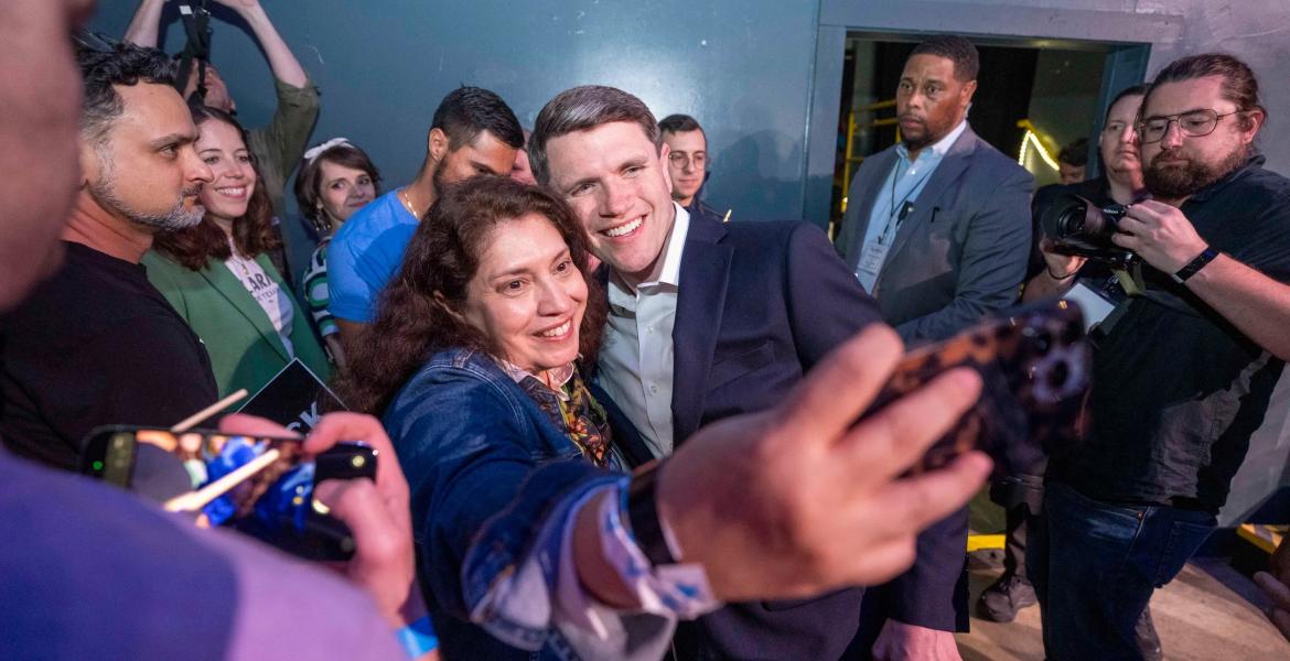 Democratic nominee James Talarico greets his supporters after pulling ahead in the primary for U.S. Senate just after midnight of March 4, 2026.