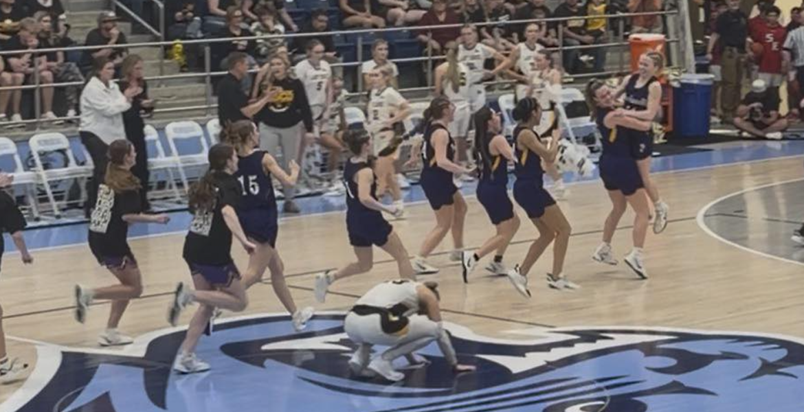 The Panhandle girls basketball team celebrates after its state semifinal win over Cisco on Tuesday, March 3, 2026.