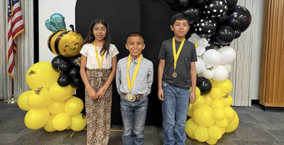 Bradford fourth-grader Emmanuel Cuevas (center) won the Region 15 Spanish Spelling Bee on March 3, while fifth-grader Esmeralda Cuevas (left) was second, and fifth-grader Daniel Sanchez (right) was third.