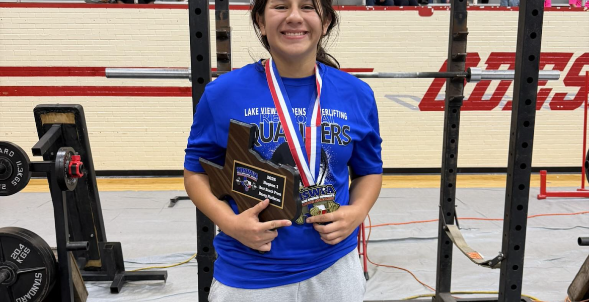 San Angelo Lake View’s Bella Reyes took third place Thursday in the unequipped division at the state powerlifting meet at Bert Ogden Arena in Edinburg.