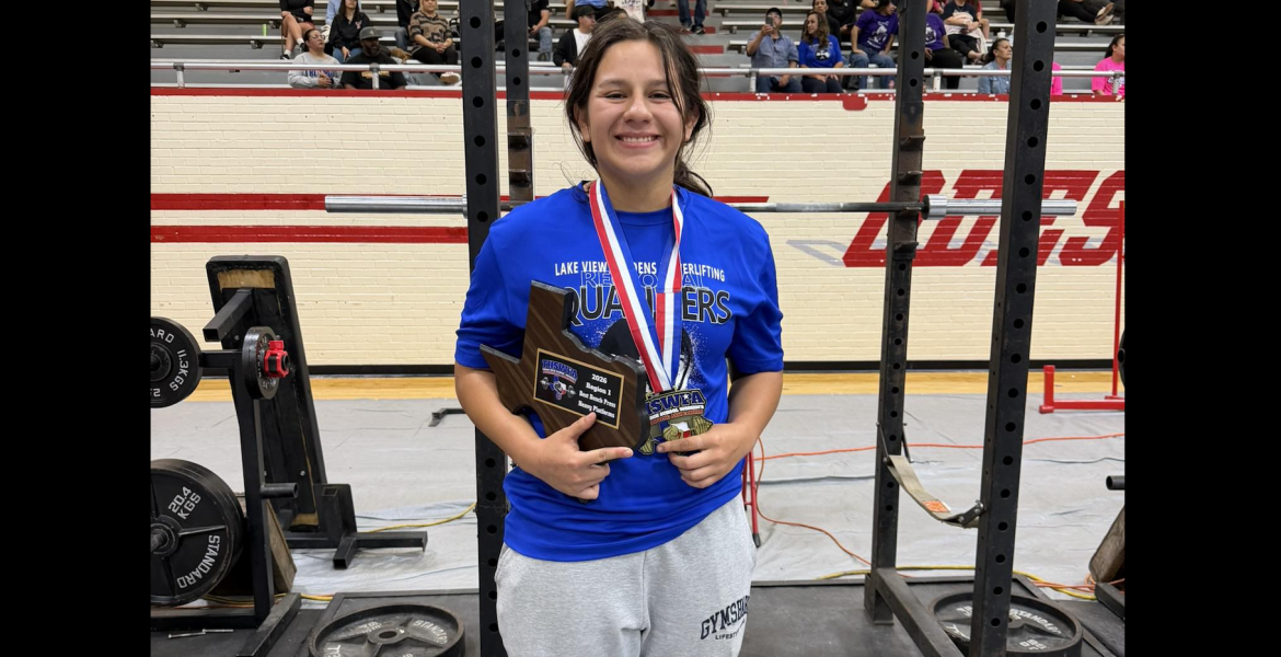 San Angelo Lake View’s Bella Reyes took third place Thursday in the unequipped division at the state powerlifting meet at Bert Ogden Arena in Edinburg.